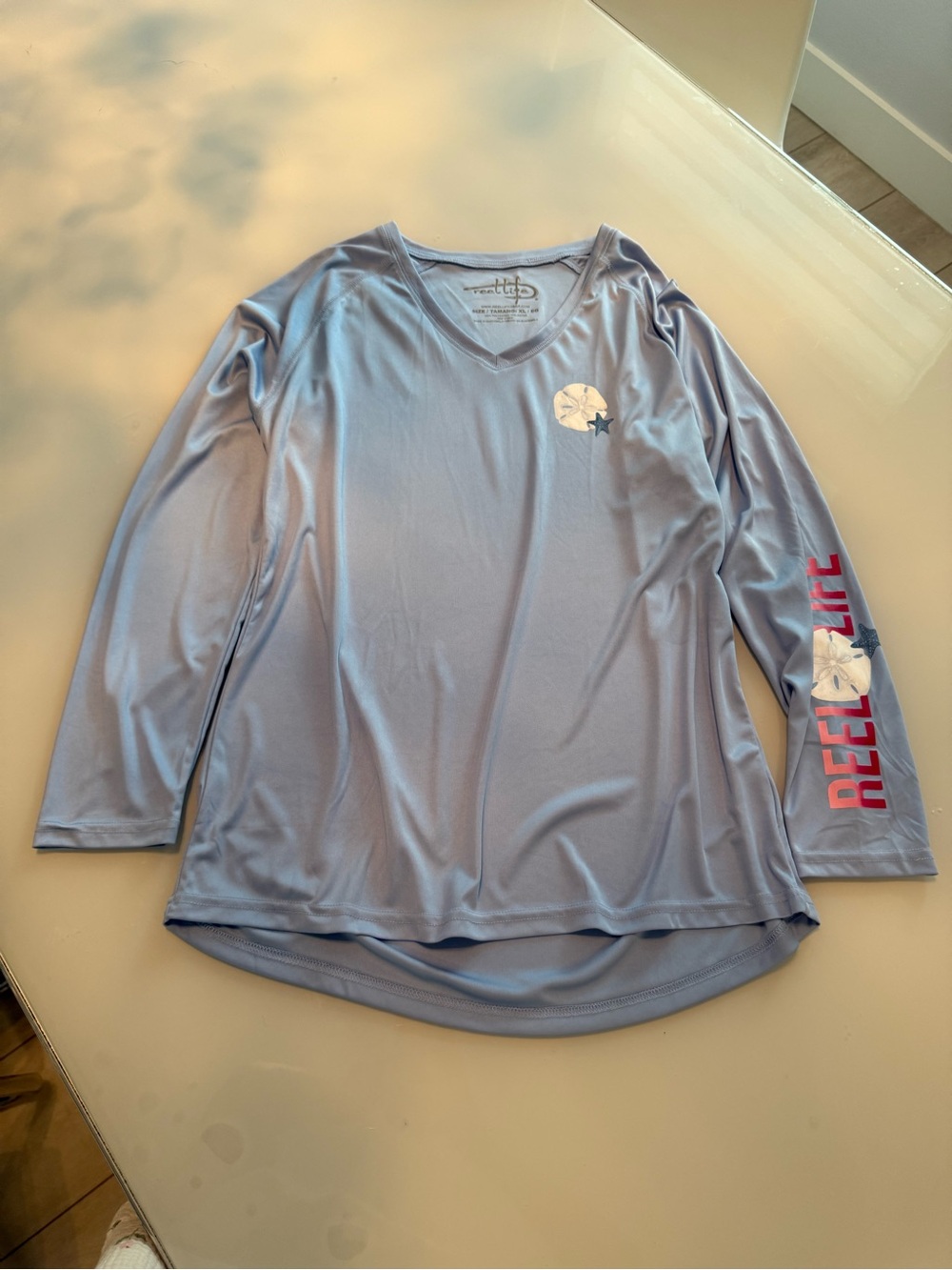Reel Life Women’s Light Blue Long-Sleeve V-Neck Performance Tee#A39
